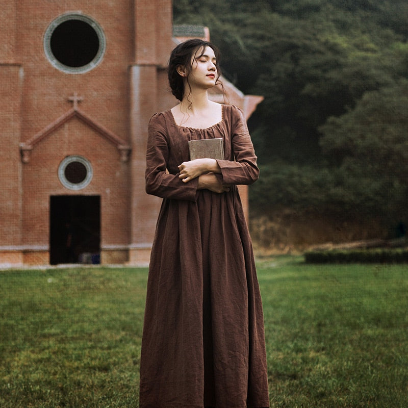 sixsr Spring Autumn Women 100%Linen Coffee Long Dress Ladies Victoria Royal Vintage Elegant Long Sleeve High Waist Dress robe longue