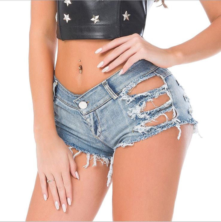 sixsr Sexy Low Waist Bandage Denim Ripped Hole Short Jeans Women Mini Skinny Sexy Club DJ Dance Shorts New White Blue Black