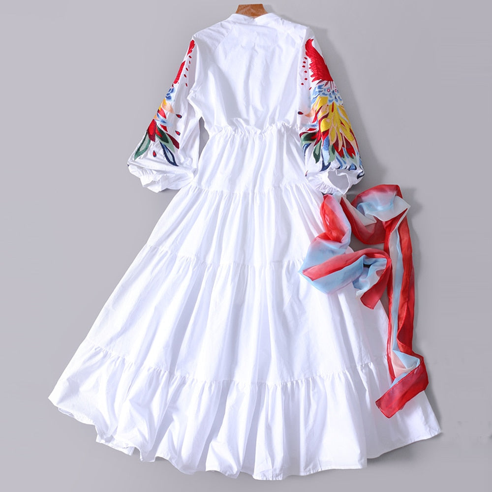 sixsr High Quality Luxury Design Runway Female Elegant Embroidery Women Dress Lantern Sleeve High Waist Maxi Long Dresses