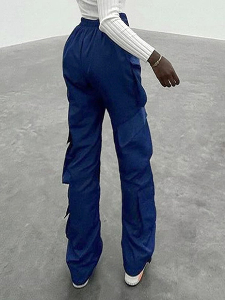 Vintage Y2k Cargo Pants Women Elastic High Waist Big Pockets Baggy Casual Capris Aesthetic Autumn Jogger Sweatpants