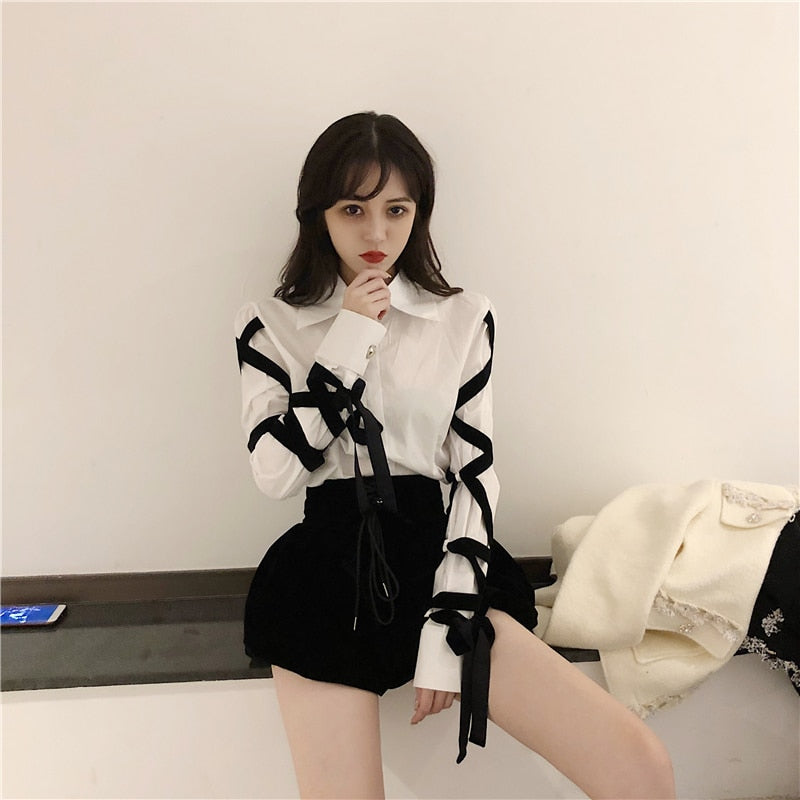 Sixsr Womens Fashion Casual Office Lady Female Blous Long Sleeve Shirt Women Stitching Black Ribbons Spring Top Blouse 16W057