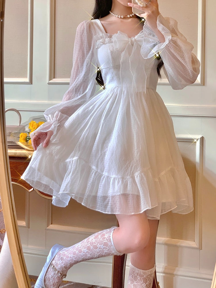French Sweet Fairy Lolita Dress Women Long Sleeve Lace Y2k Mini Dress Vintage Kawaii Clothes One Piece Dress Korean Autumn