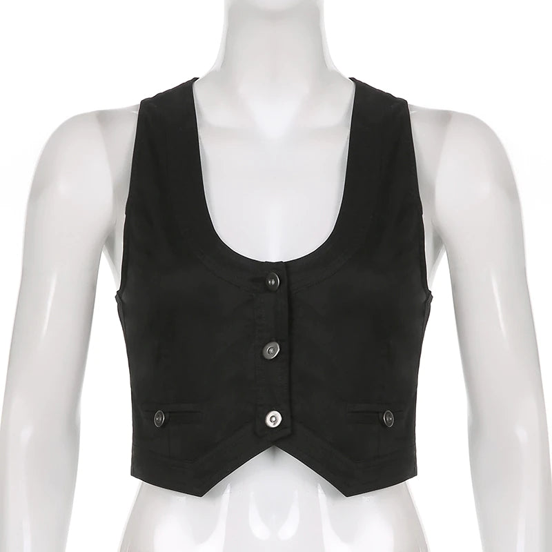 Sixsr y2k Button Corset Top Black Sleeveless Tank Tops Skinny V Neck Aesthetic Punk Crop Top Grunge Fairycore Women Vests