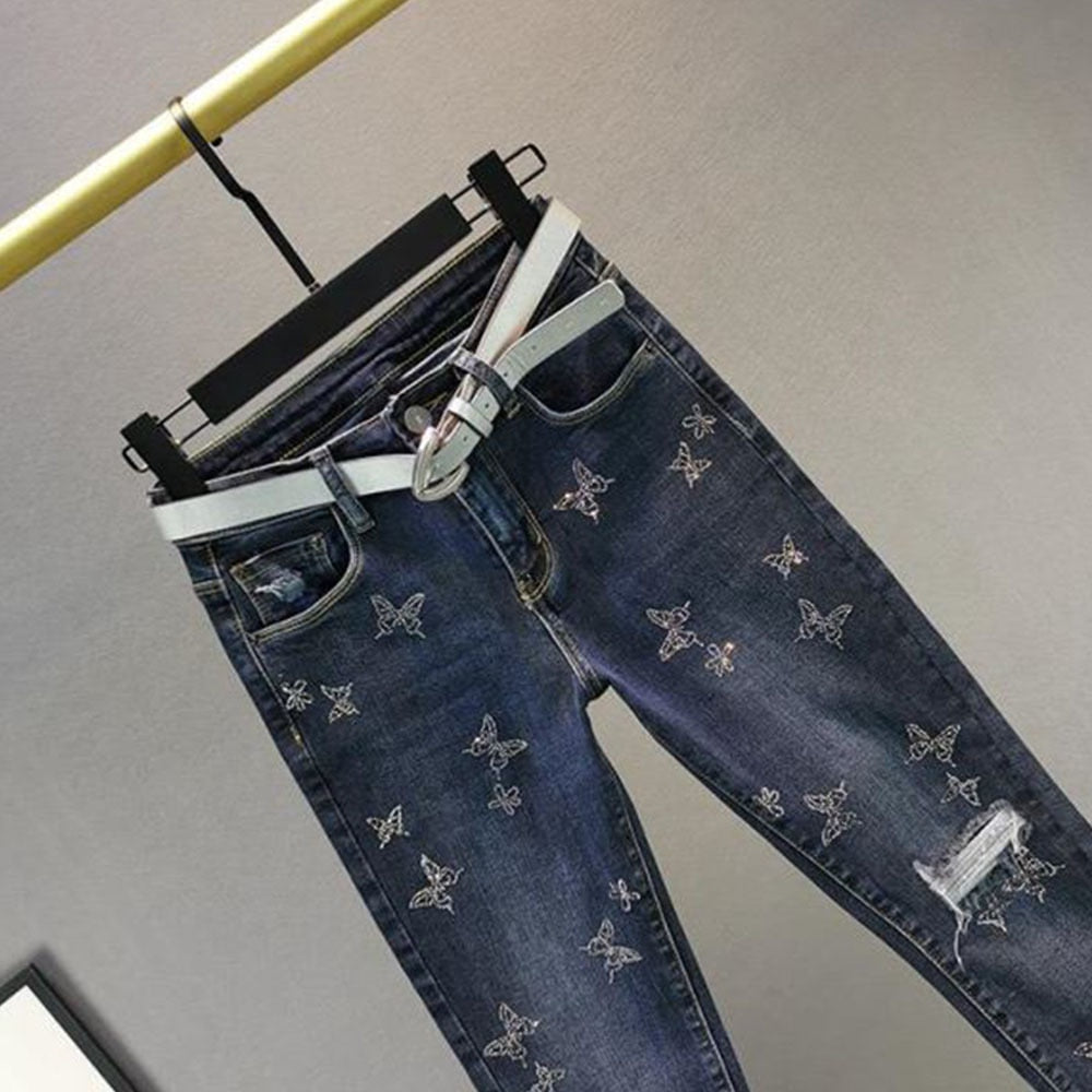 Sixsr Hot Sales High Waist Jeans Women Beading Butterfly Fashion Ripped Jeans Casual Plus size Stretch Jeans Female Washed Denim Pencil Pants