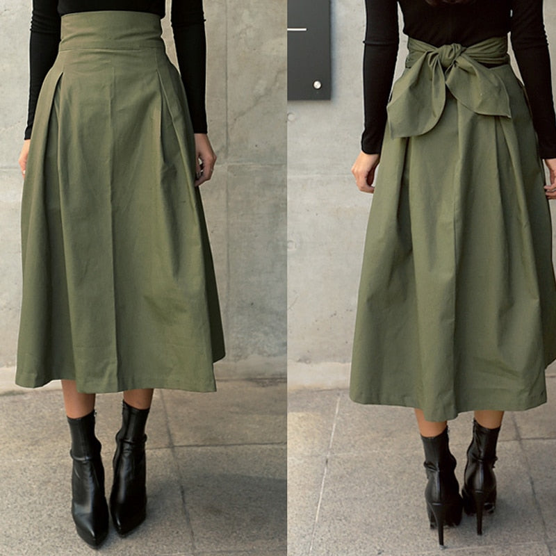 Sixsr Spring Outfits Trends Skirts Womens Korean Fashion Solid Color Big Swing Ladies Skirt Long Skirt Autumn Wild High Waist Bow Slim Skirts