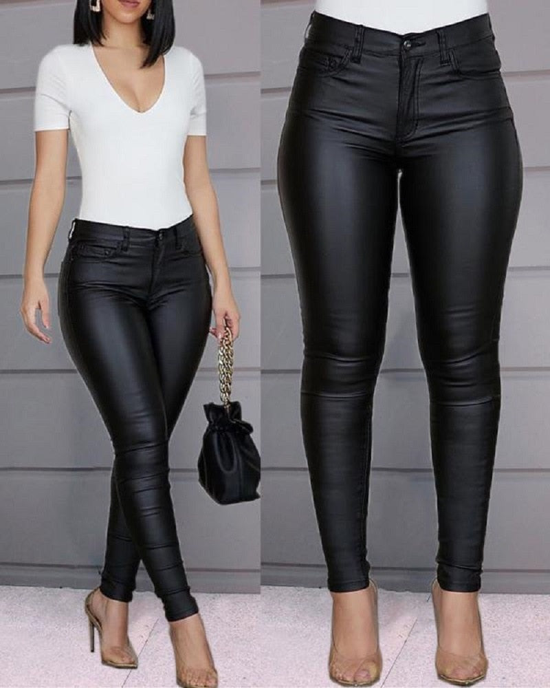Sixsr Pure Color Leather Casual Pants Small Feet Pants Spring Women Pu Leather Pants Black Sexy Stretch Bodycon Leather Pants High Red