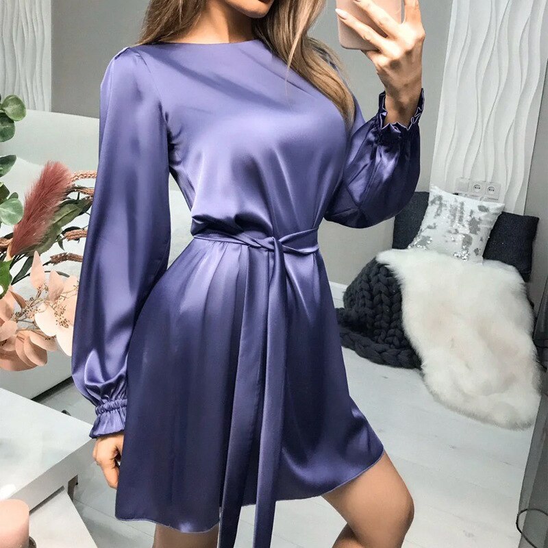 Sixsr Elegant Vintage Sashes Satin A-line Dress Women Autumn New Lantern Sleeve O Neck Solid Casual Party Vestidos Fashion Robes