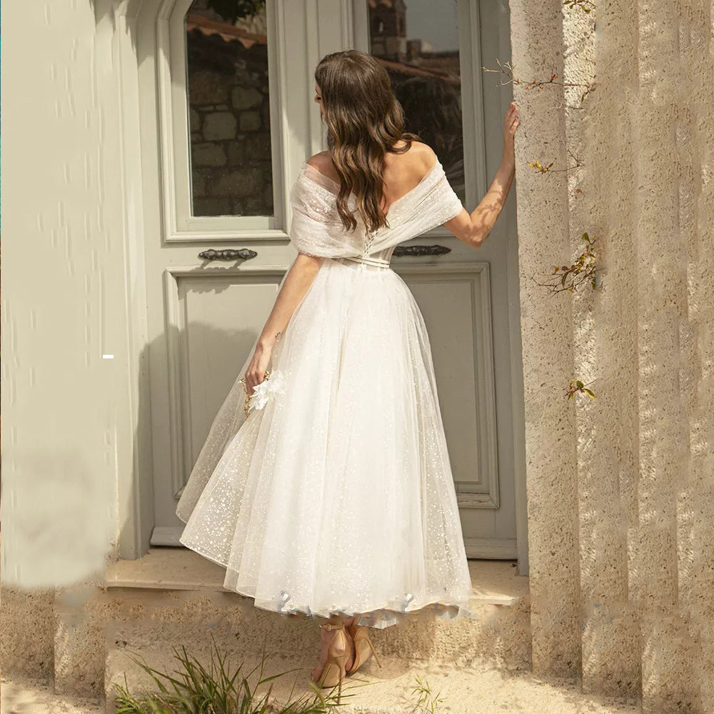 sixsr womens fashion Bling Glittter Boho Wedding Dresses For Women Sweetheaart Tulle Point Net Tulle Beach Short Bridal Gown Cheap Civil