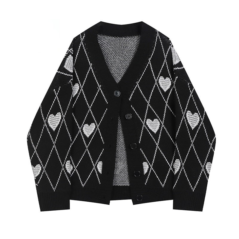 Sixsr Gothic Style Fashion Oversized Black Cardigan For Women Sweater Long Sleeve V-neck Harajuku Loose Vintage Knitwear Tops Coat