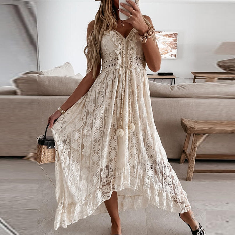 Sixsr Women Sexy V Neck Tassel Long Dress Summer Sleeveless Off Shoulder Party Dress Elegant Hollow Out Crochet Lace Beach Dress