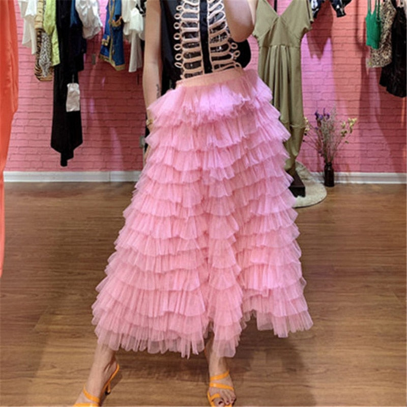 sixsr jupe femme ete Spring Party Skirt Elastic High Waist Long Tulle Skirt Women Multilayer ruffles Pink Mesh Tutu Skirt Ladies