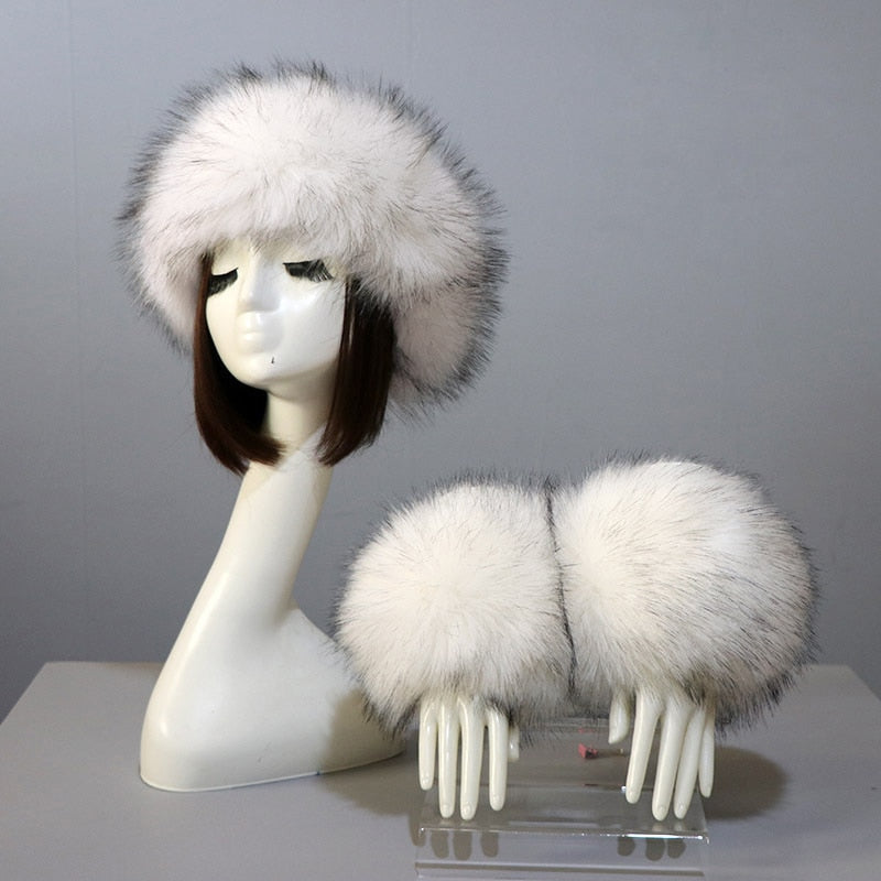 Sixsr New Autumn Winter Caps Female Hats Cuffs Set Fashion Warmth Imitation Quality Design Faux Fur Hat Fox Fur Sleeves Suit Accessary