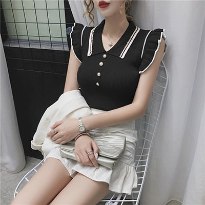 sixsr Womens Fashion Trends Summer Fashion Korean Slim Crop Tops Women Turn-down Collar Knitted T-shirts Sleeveless Ruffles T Shirt Female Tee Shirt Femme