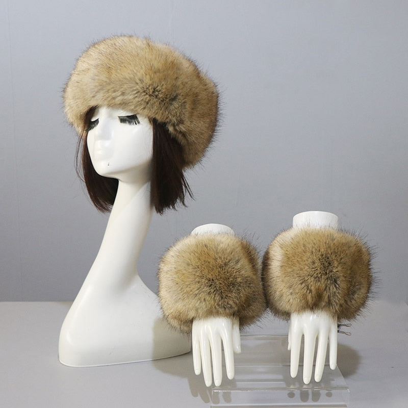 Sixsr New Autumn Winter Caps Female Hats Cuffs Set Fashion Warmth Imitation Quality Design Faux Fur Hat Fox Fur Sleeves Suit Accessary