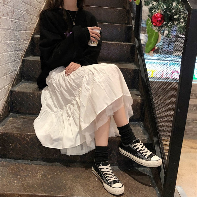 Sixsr Long Tulle Midi Skirts Womens  Autumn Elastic High Waist Mesh Tutu Pleated Skirts Female Black White Long Skirt Streetwear