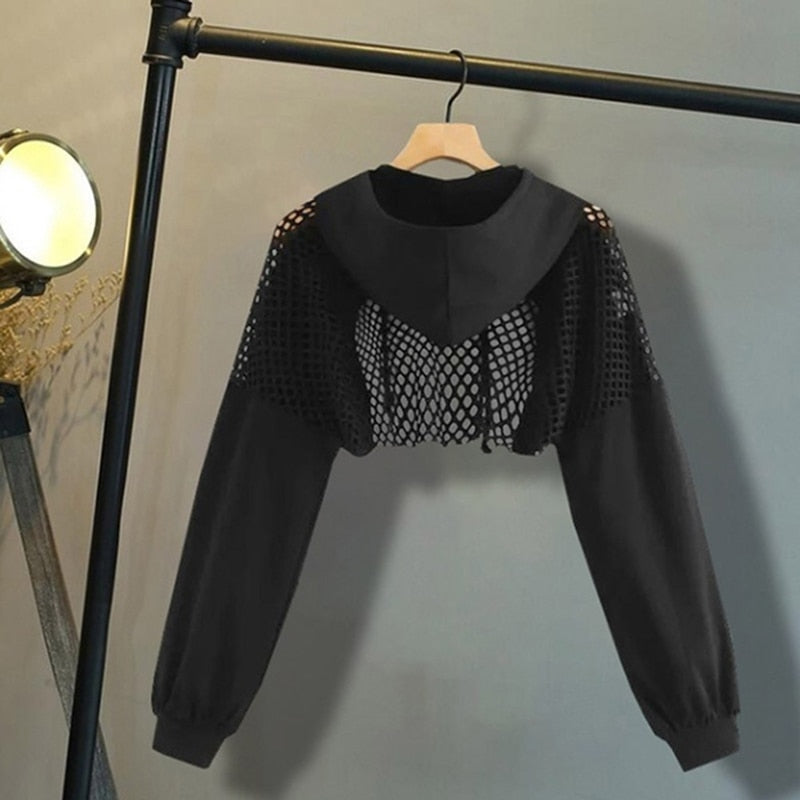 Sixsr Black Hoodies for Women Hollow Out Crop Tops Mesh Patchwork Short Sweatshirt Long Sleeve Autumn Tops and Pullovers