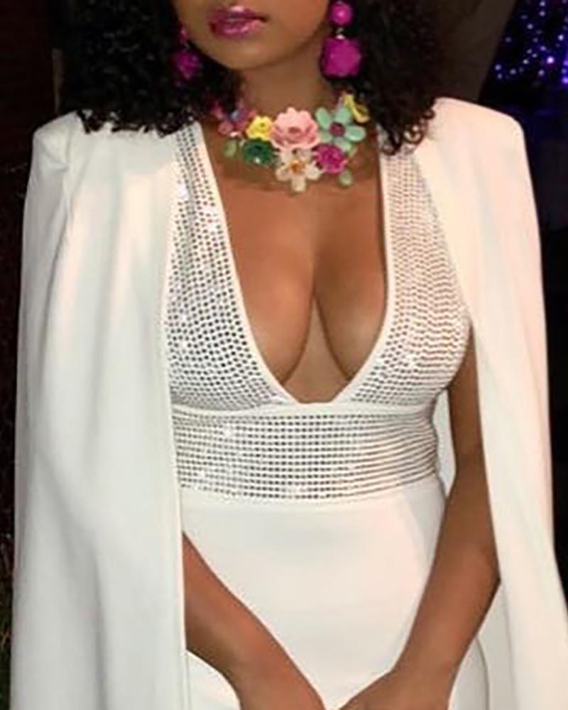 Sixsr Fashion Rhinestone Plunge Cape Design Bodycon Dress Women Casual Elegant Party Club Slim White Mini Dress Vestidos