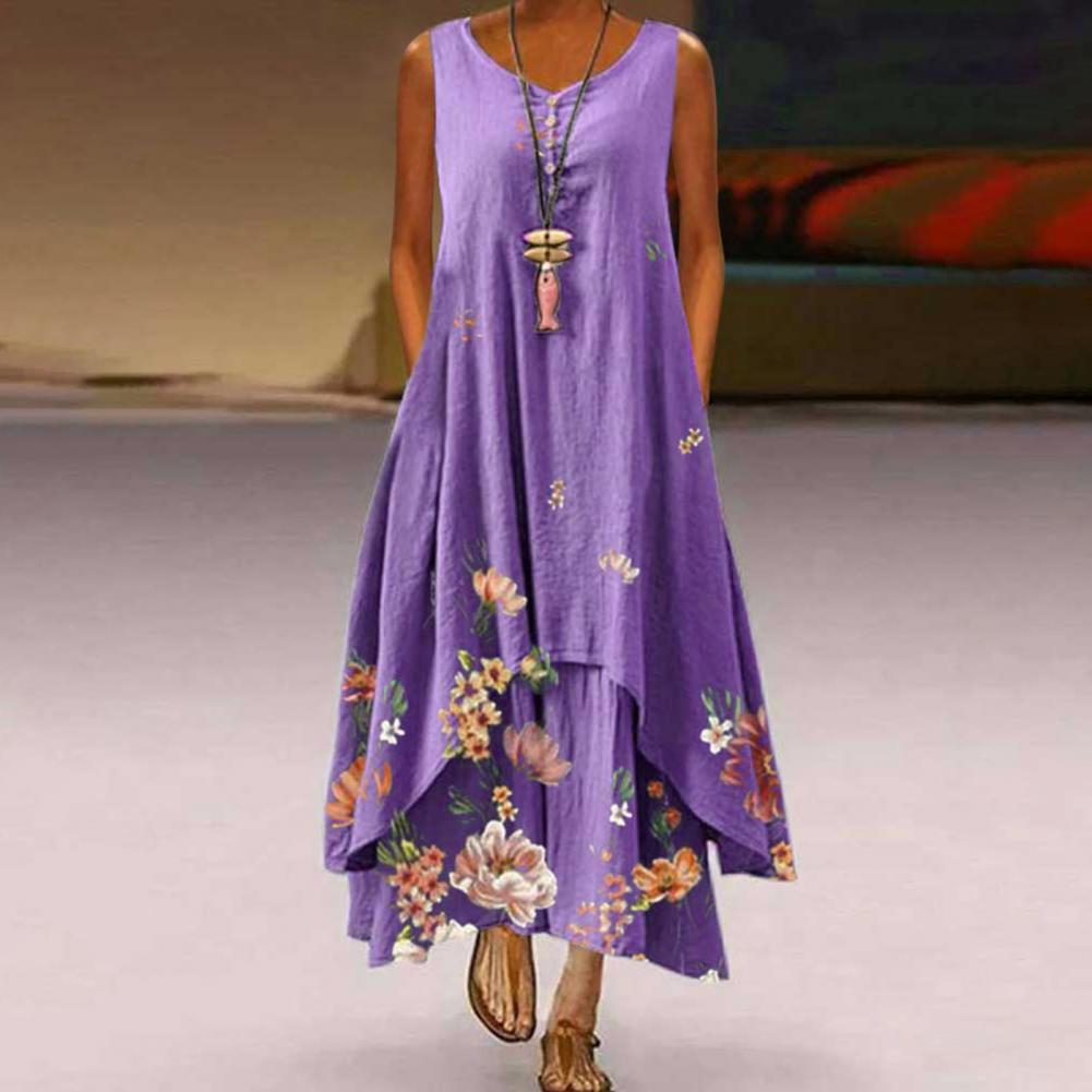 Sixsr Summer Dress Plus Size Floral Print Irregular Hem Women Buttons Round Neck Dress Women's Clothing Sleeveless Beach Maxi Dresses