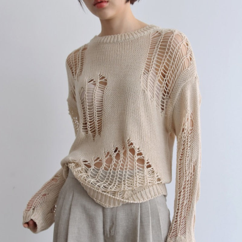 Sixsr Autumn New Korean Style Long-sleeved Sexy Hole Sweater Asymmetric Hem Loose Pullover Hollow Out Thin Knit Sweater Jumper Tops