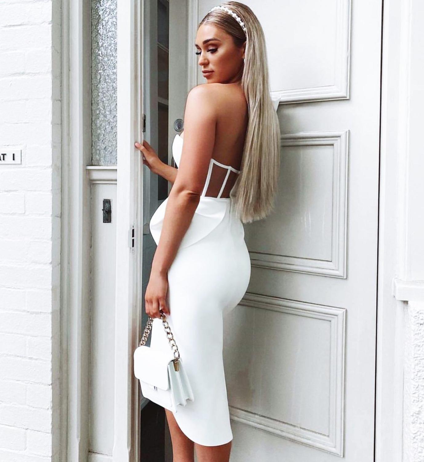 sixsr New Summer Fashion Women Bodycon Dress One Shoulder Bow Mesh Ruffle Sleeveless Bandage Dress Celebrity Party Evening Sexy
