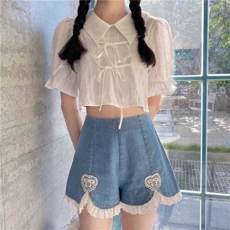 sixsr Summer Outfits  Trends Cute Lolita Girls Denim Shorts Japanese Sweet High Waist Lace Irregular Women's Shorts S-4XL Summer Kawaii Sexy Blue Shorts