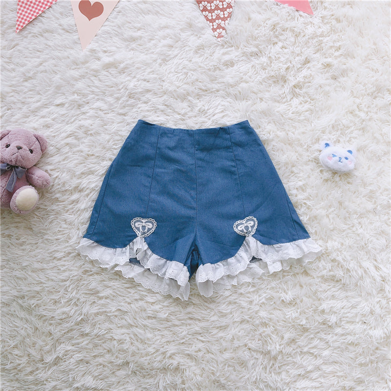 sixsr Summer Outfits  Trends Cute Lolita Girls Denim Shorts Japanese Sweet High Waist Lace Irregular Women's Shorts S-4XL Summer Kawaii Sexy Blue Shorts