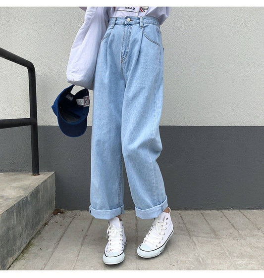 Sixsr  Jeans Women Solid Vintage High Waist Wide Leg Denim Trousers Simple Students All-match Loose Fashion Harajuku Womens Chic Casual