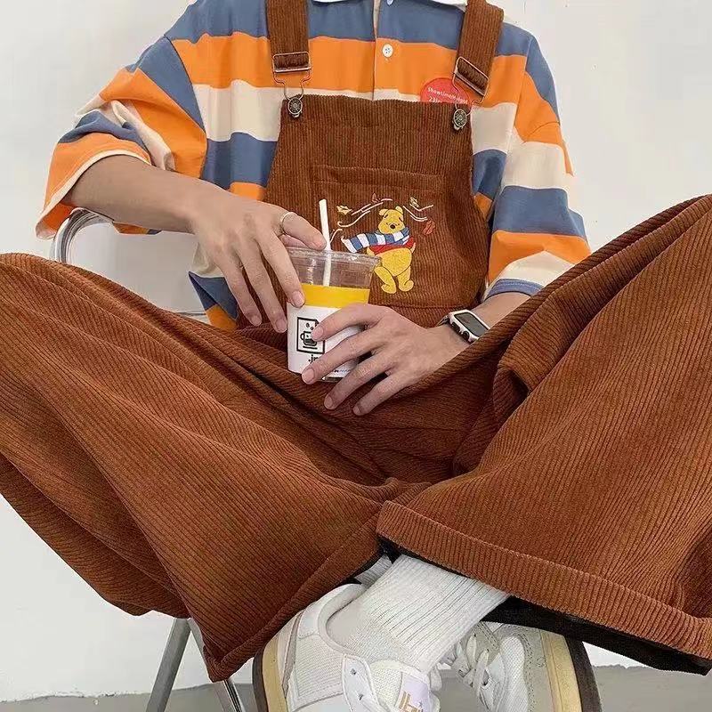 Sixsr 2024 Men's Retro Casual Pants Corduroy College Style Overalls Loose Brown/navy Color Work Trousers Salopettes Romper Jumpsuit
