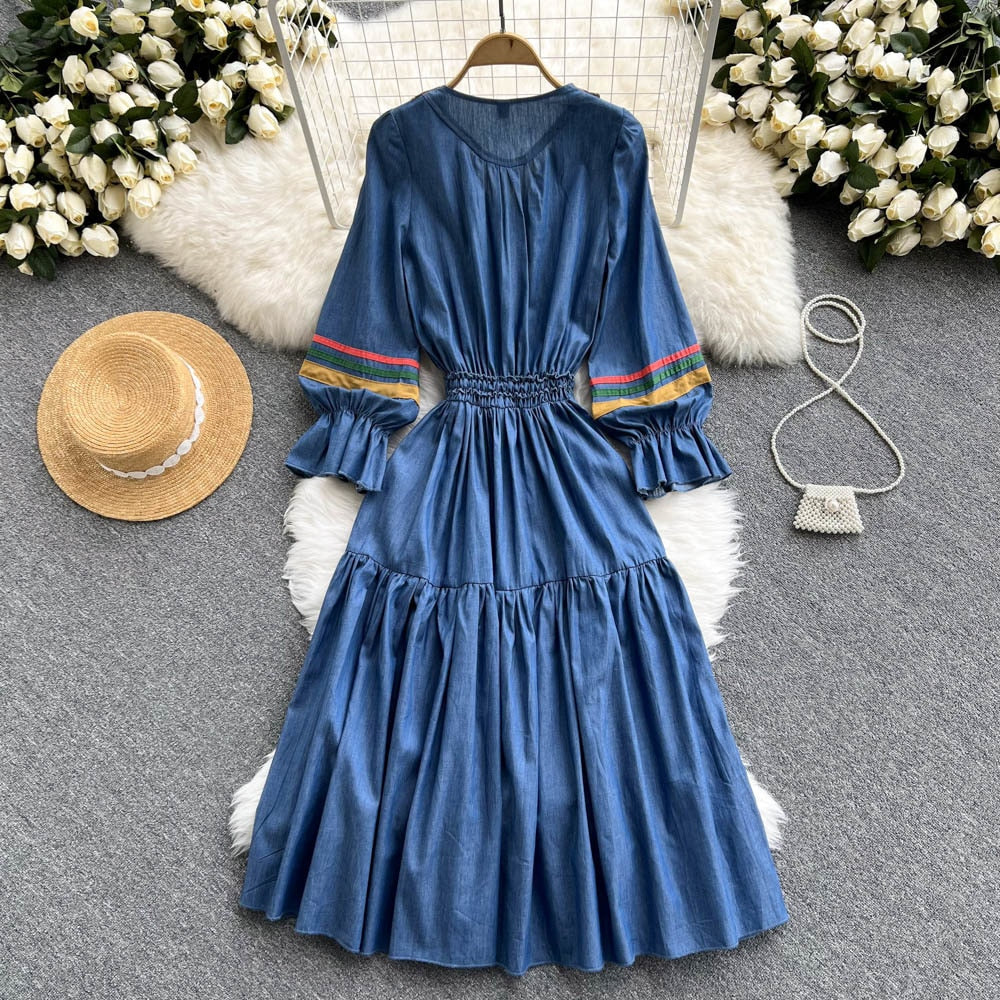 Quality Embroidered Denim Dress Summer Autumn National Korean Pleated A Line Long Sleeve Cowboy Dress Women Jeans Dress