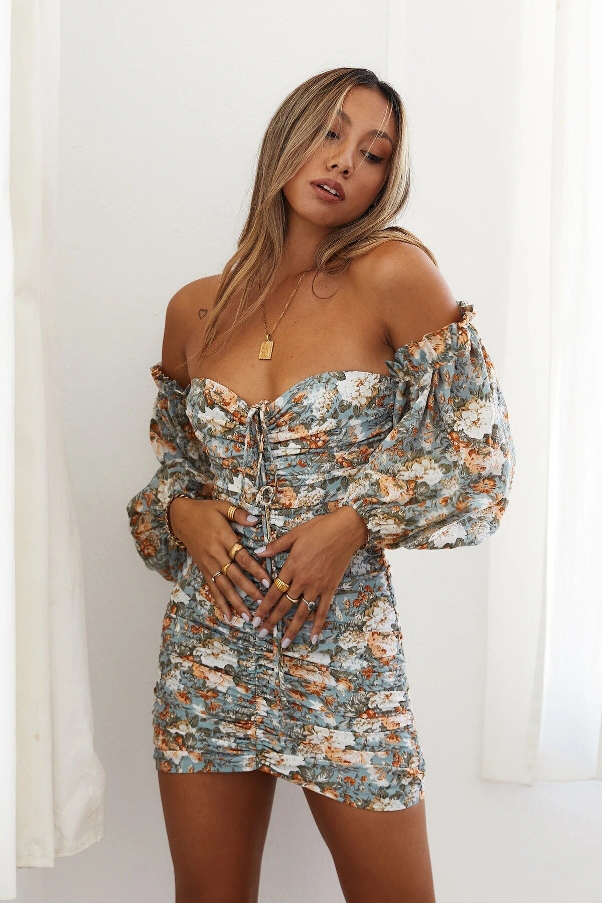 Sixsr Womens Fashion Floral Print Sexy Off Shoulder Women Dress Spring Autumn New Half Sleeve Skinny Ruched Mini Dresses Ladies Party Vestidos