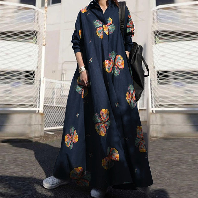Sixsr Summer Stylish Women Vintage Long Sleeve Loose Sundress Casual Long Maxi Dress Kaftan Femme Solid Party Vestido Robe
