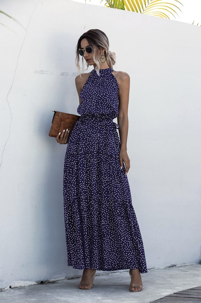 Sixsr Summer Elegant beach Women Dress long Print Flowers Polka-dot strap Ladies Halter boho Dress Vintage party ladies Dress