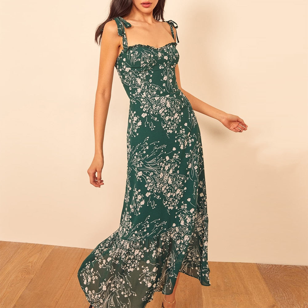 sixsr Dresses For Women Elegant Vintage Floral Dress Frill Sweetheart Neck Sleeveless Strap Tie Ruffle Hem Summer Beach Dress
