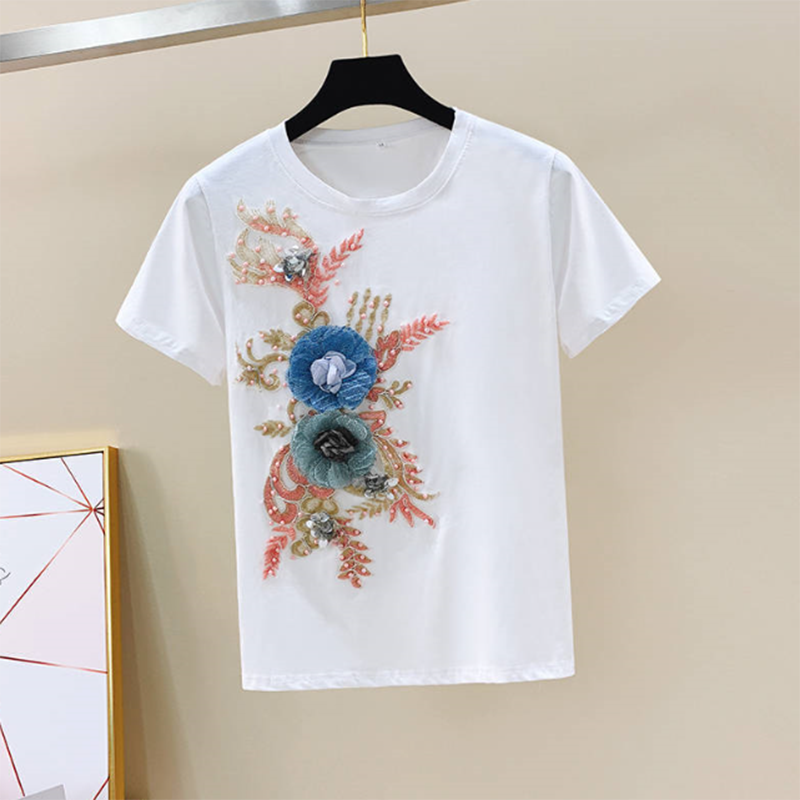 Sixsr One-Piece/Set Summer New Women Denim Pants Beaded Embroidery Short-Sleeved + Small Feet Hole Jeans Female Two-Piece Suit425