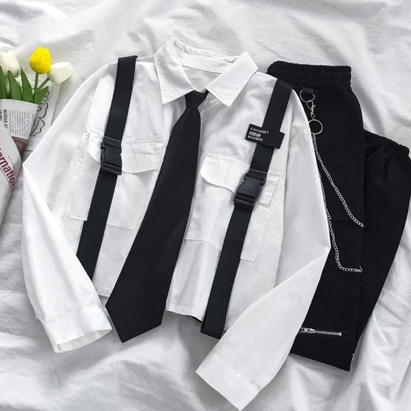 sixsr Spring Outfits Trends Harajuku Women Shirts And Blouses Feminine Tie Pocket Top Casual White Turn-down Collar OL Style Female Blouses Streetwear