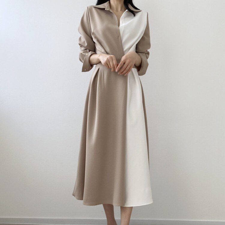Sixsr Spring Autumn Retro Temperament Contrast Color Lapel Long-Sleeved Shirt Female Midi Dress Korean Elegant Fashion Slim Chic Dress