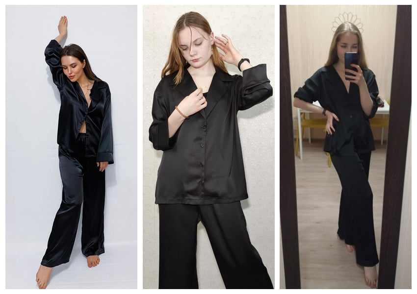Sixsr Oversized Satin Silk Sleepwear Low Cut Sexy Pajamas For Women Single-Breasted Long Sleeves Wide Leg Pants Trouser Suits