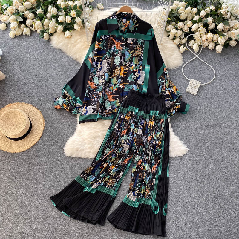 sixsr Women's Dress Spring Retro Print Casual Set Design Batwing Sleeve Single Breasted Blouse+High Waist Long Pants Two Piece Suits