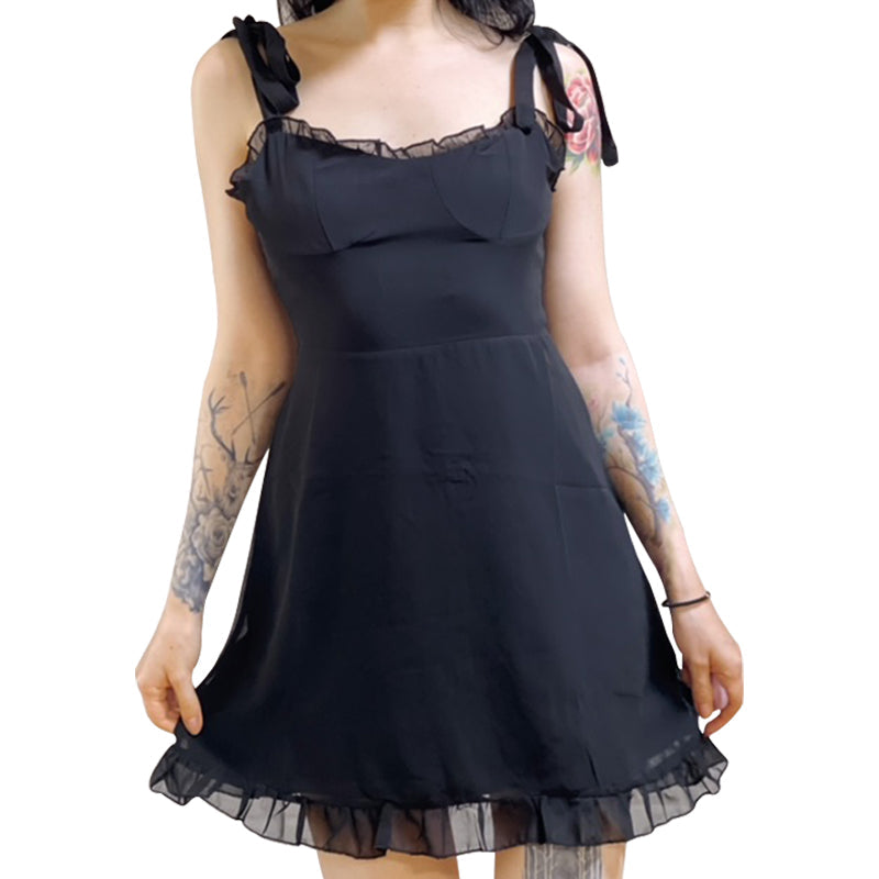 Sixsr Sweetown Dark Academia Gothic Dresses Women Chiffon Ruffles Black E Girl Clothes Sleeveless V Neck Lace Up Mini Dress Summer