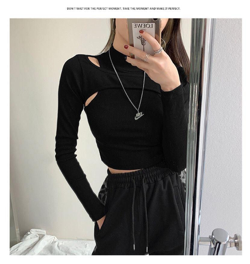 Sixsr Hollow Knitted Crop Tops Women New Fitness Fake Two-piece T-shirt Female Black White Long Sleeve Tops