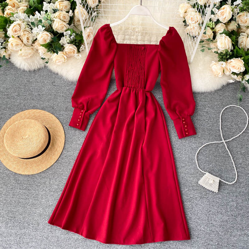 Sixsr Women Autumn New Split Dress French Retro Square Collar Waist Hugging Slim Puff Sleeve Beading Midi Dress Female Vestidos PL487