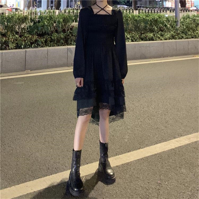 Sixsr New Gothic Women Black Fairy Party Dress Cross Square Collar Lolita Princess Irregular Dress Cute Kawaii Lace Ruffles Chic Dress