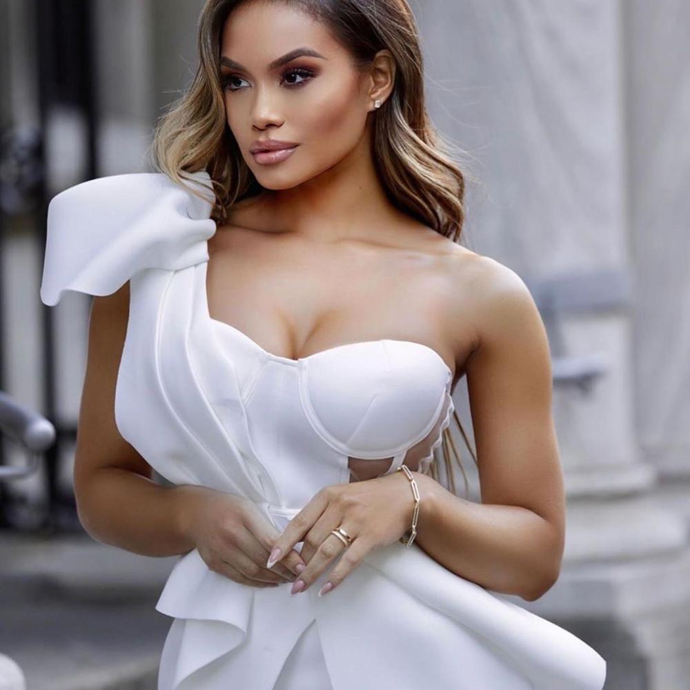 sixsr New Summer Fashion Women Bodycon Dress One Shoulder Bow Mesh Ruffle Sleeveless Bandage Dress Celebrity Party Evening Sexy