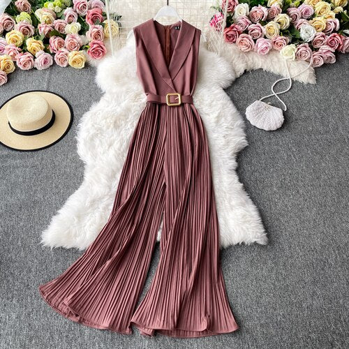Vintage Notched Collar Draped Rompers For Women Casual Sleeveless High Waist Wide Leg Playsuits Female Beige/Green Jumpsuit