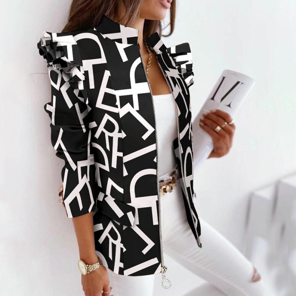 Sixsr Casual Plaid Jacket Women Spring Autumn Long Sleeve Ruffles Khaki Pink Zippers Woman Coats Fashion Office Lady Jackets Coat