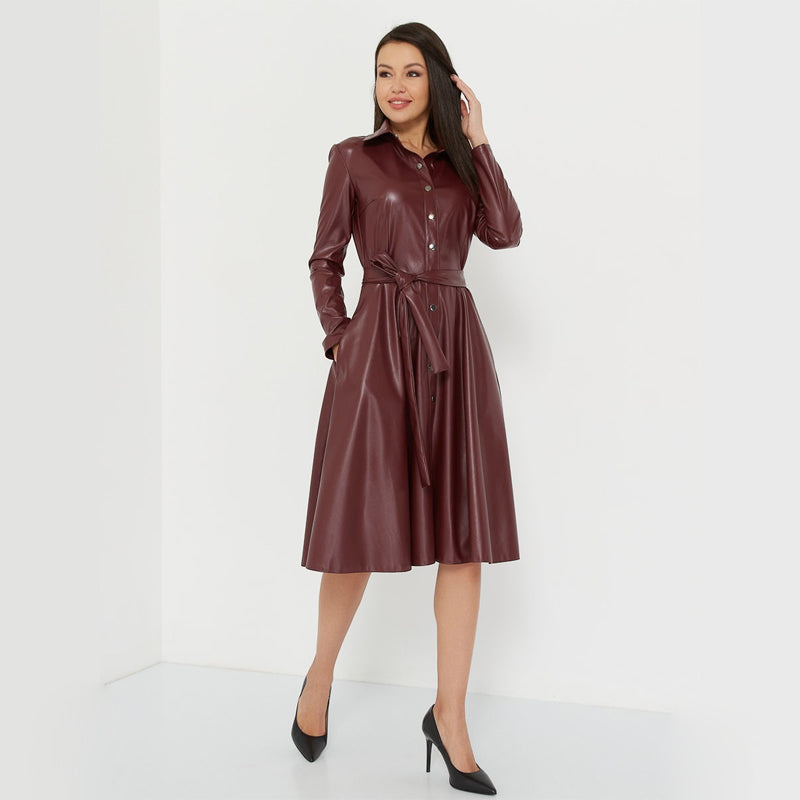 Sixsr Winter Casual Sashes Pu Leather A-Line Dresses Women Turn-down Collar Long Sleeve Solid Color Knee Dress Office Lady Wear