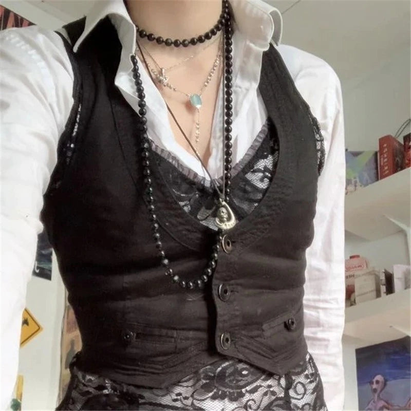 Sixsr y2k Button Corset Top Black Sleeveless Tank Tops Skinny V Neck Aesthetic Punk Crop Top Grunge Fairycore Women Vests