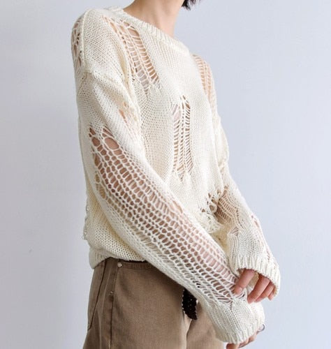Sixsr Autumn New Korean Style Long-sleeved Sexy Hole Sweater Asymmetric Hem Loose Pullover Hollow Out Thin Knit Sweater Jumper Tops