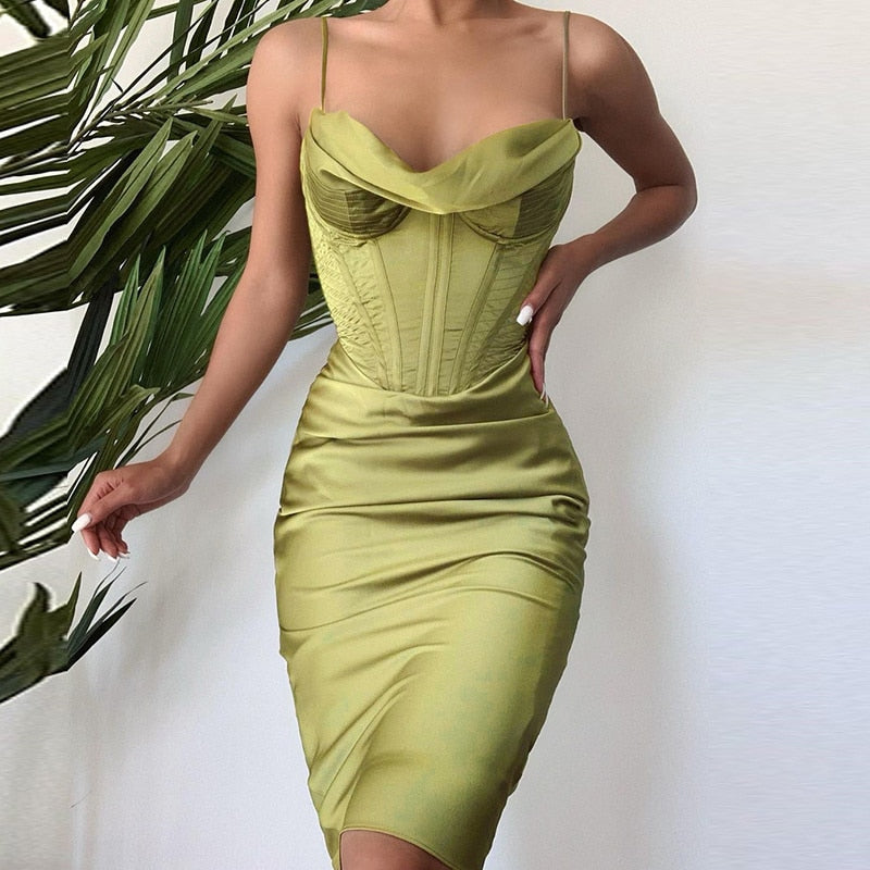 Sixsr trends high quality Giyu Night Clubwear Party Satin White Dresses Women Summer Sexy Bodycon Midi Vestidos Spaghetti Strap Backless Corset Dress