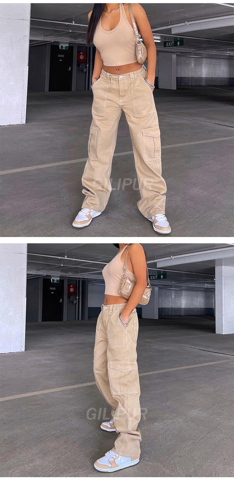 Sixsr Y2k Cargo Pants Women's Jeans New Fashion Baggy Jeans Denim Overalls 90s Low Rise Pocket Straight Leg Trousers Streetwear